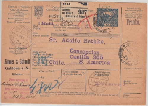 Tschechien - 10 (20) H. Paketkarte n. CHILE Gablonz a/Neisse - Concepcion 1924