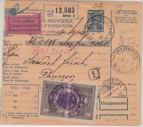 Tschechien - 50 H. Ganzsache Wertpaketkarte n. SERBIEN Brno 2 - Pancevo 1925