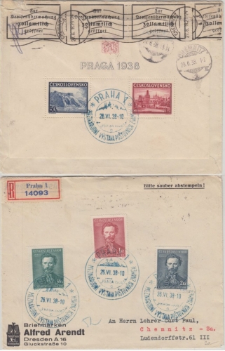Tschechien - Praga 1938 Block ua. Einschriebebrief FDC Prag Chemnitz 1938 Zensur