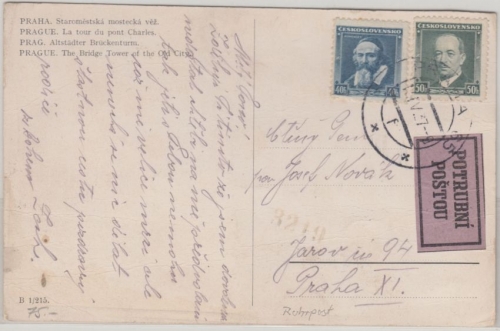 Tschechien - 50+40 H. Freimarken Ortskarte Rohrpost Potrubní Pošta Prag 1937