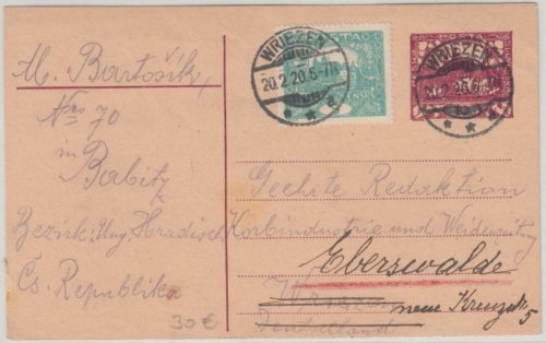 Tschechien - 10 H. Hradschin Ganzsache+Zusatz Babice - Wriezen - Eberswalde 1920