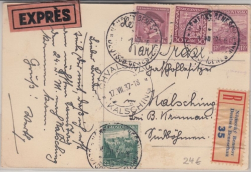 Tschechien - Deutsch-Beneschau 1937 Eilkboten Einschreibekarte n. Kalsching