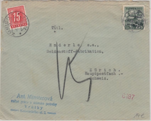 Slowakei - 2 Ks Burg Bojnice Brief i.d. SCHWEIZ Vrutky - Zürich postlagernd 1943