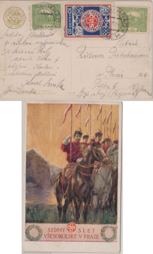 Tschechien - VII. Slet Všesokolský v Praze 1920 farb. Sonderkarte + Vignette