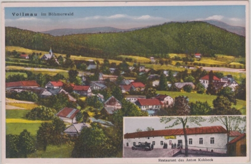 Tschechien - Vollmau Folmava farb. AK Ortsansicht Retsaurant gelaufen 1930