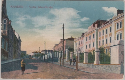 Tschechien - Kaaden Kadaň Vater Jahn Straße farb. AK gelaufen 1918