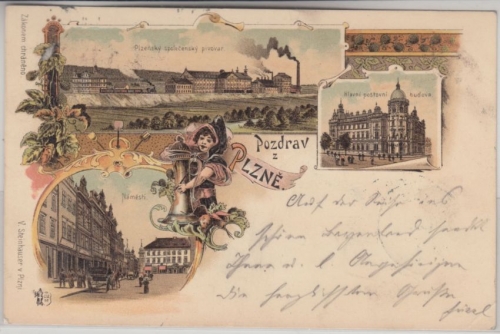 Tschechien - Plzeň Pilsen farb. Mehrbildlitho Marktplatz Brauerei etc. 1900