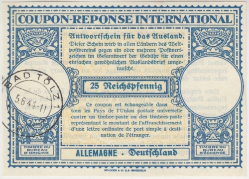 DR - 25 Pfg. IAS Antwortschein für das Ausland gestempelt Bad Tölz 5.6.44