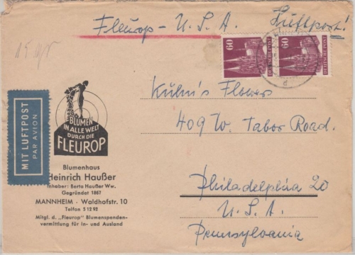Bizone - 2x60 Pfg. Bauten Luftpostbrief n. USA Mannheim - Philadelphia 1951