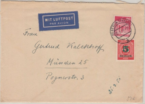Bizone/Berlin - 20+5 Pfg. Bauten Grünaufdruck Luftpostbrief Berlin-Spandau 1951