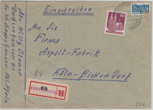 Bizone - 60 Pfg. Bauten Einschreibebrief Dachsenhausen - Köln-Bickendorf 1950