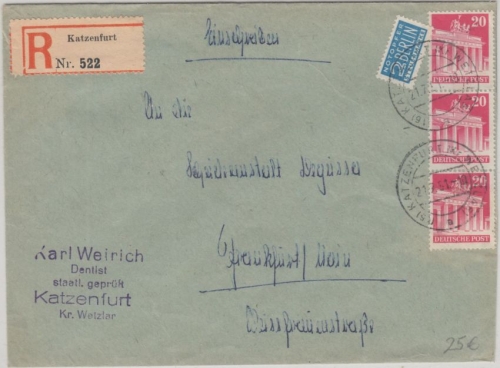Bizone - 3x20 Pfg. Bauten Einschreibebrief Katzenfurt - Frankfurt a/M. 1951