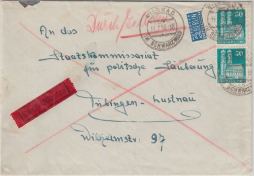 Bizone - 2x50 Pfg. Bauten Eilbrief Wildbad i. Schwarzwald - Tübingen 1950
