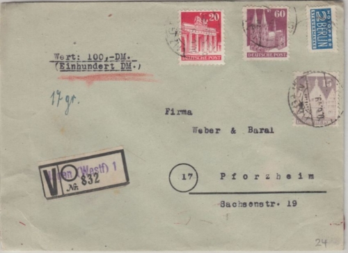 Bizone - 60+20+15 Pfg. Bauten Wertbrief Hagen (Westf.) - Pforzheim 1949