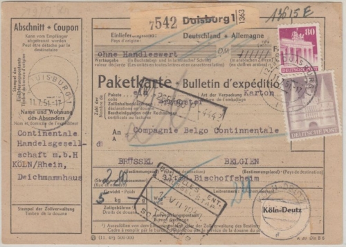 Bizone - 2 M. + 80 Pfg. Bauten Paketkarte n. BELGIEN Duisburg - Brüssel 1951