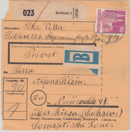 Bizone - 90 Pfg Bauten Paketkarte Beutelstück Koblenz - Riesa (DDR) 1951