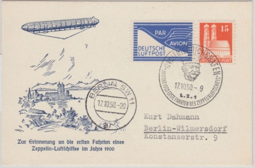 Bizone - 15 Pfg. Bauten Luftpostkarte SST Zeppelin Friedrichshafen - Berlin 1950