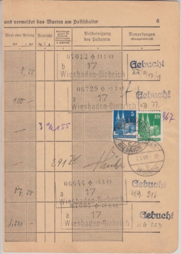 Bizone - 10+5 Pfg. Seite Einlieferungsbuch f. Pakete Wiesbaden-Biebrich 1949