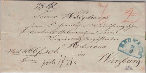 Bayern - Kronach blauer HKS Fahrpostbrief (Geldsendung) n. Würzburg ca. 1840