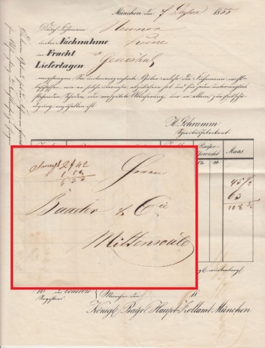 Bayern - München 1855 Frachtbrief n. Mittenwald - mit Inhalt