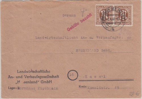Bizone/AM-Post - 2x10 Pfg. amerik. Druck Gebühr bezahlt Teilbarfrankatur 1946