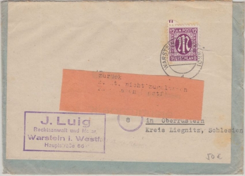 Bizone/AM-Post - 12 Pfg. dt. Druck Brief n. SCHLESIEN Warstein 27.11.45 Zurück !