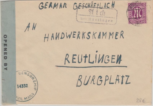 Bizone/AM-Post - 12 Pfg. amerik. Druck Brief Landpost Aich ü. Nürtingen 11.12.45