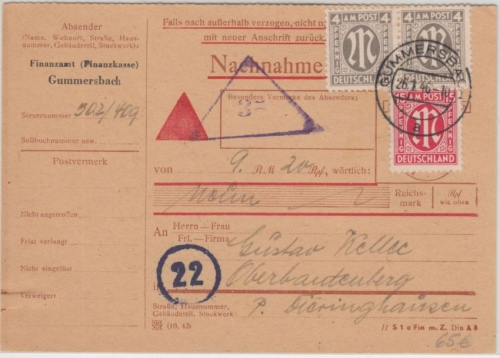 Bizone/AM-Post - 2x4+15 Pfg. dt. Druck Nachnahmekarte Gummersbach 26.1.46 n.
