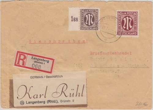 Bizone/AM-Post - 24+60 Pfg. dt. Druck Einschreiben Langenberg - Dresden 22.7.46