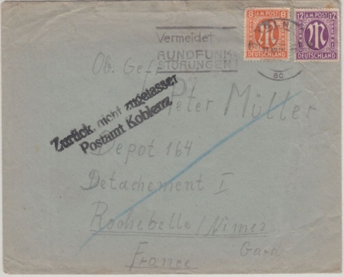 Bizone/AM-Post - Zurück, nicht zugelassen Postamt Koblenz Kriegsgefangenenbrief