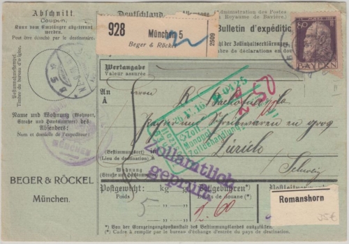 Bayern - 80 Pfg. Luitpold Paketkarte i.d. SCHWEIZ München - Zürich 1916 Zensur !