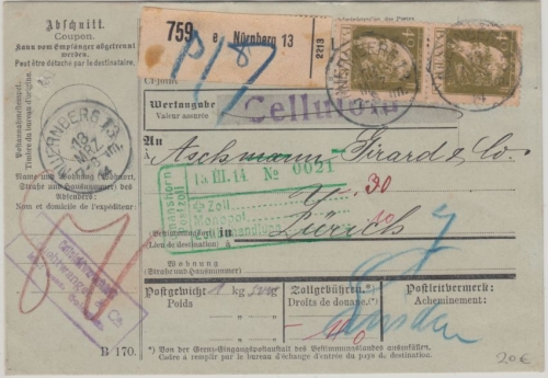 Bayern - 2x40 Pfg. Luitpold Paketkarte i.d. SCHWEIZ Nürnberg 13 - Zürich 1914