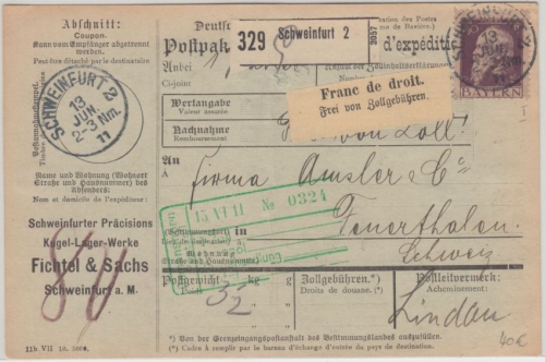 Bayern - 80 Pfg. Luitpold Paketkarte i.d. SCHWEIZ Schweinfurt - Feuerthalen 1911