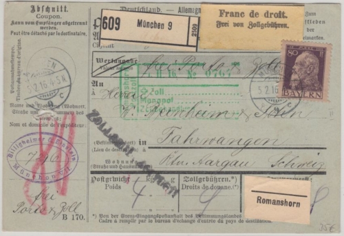 Bayern - 80 Pfg. Luitpold Paketkarte i.d. SCHWEIZ München 9 - Fahrwangen 1916