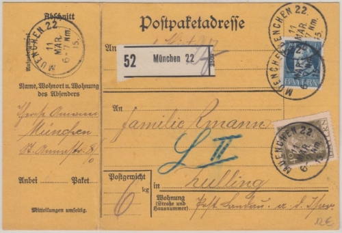 Bayern - 40+20 Pfg. Luitpold/Ludwig Paketkarte München 22 Tulling b. Landau 1915