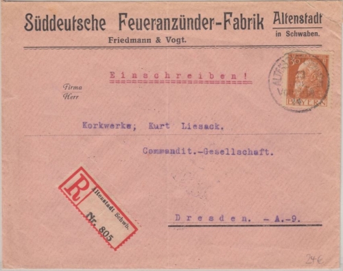 Bayern - 30 Pfg. Luitpold Einschreibebrief Altenstadt i. Schwaben - Dresden 1914