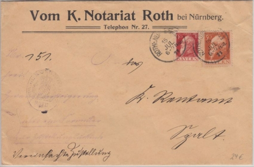 Bayern - 10+30 Pfg. Luitpold Zustellurkunde Roth b. Nürnberg - Spalt 1911