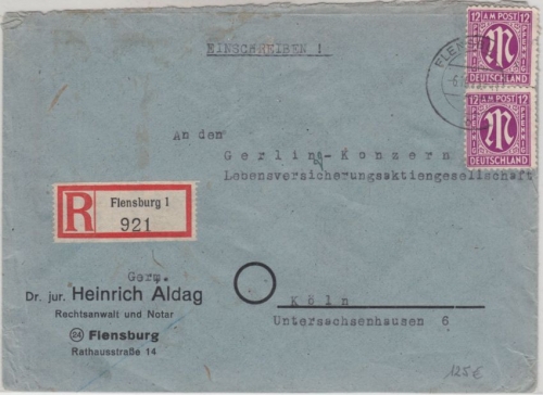 Bizone/AM-Post - Flensburg 6.10.45 2x12 Pfg. + R-Zettel Einschreibebrief n. Köln