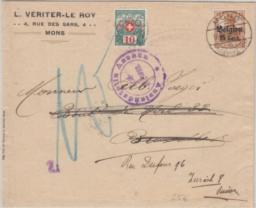 LP Belgien - 15 C. Brief Mons - Brüssel 1916 Weiterleitung SCHWEIZ Nachporto !