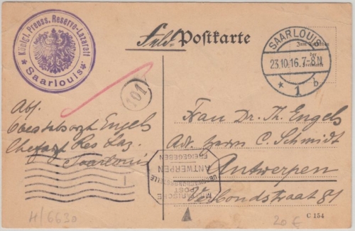 LP Belgien - Feldpostkarte Reserve-Lazarett Saarlouis n. Antwerpen 1916 Zensur