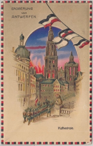 LP Belgien - Eroberung von Antwerpen farb. Halt-gegen-das-Licht-Karte 1916