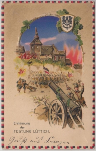 LP Belgien - Erstürmung d. Festung Lüttich farb. Halt-gegen-das-Licht-Karte 1917
