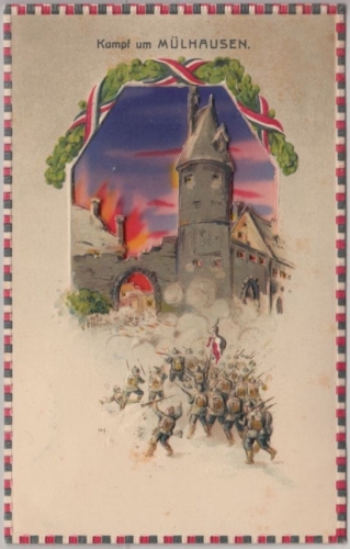 Elsass - Kampf um Mülhausen farb. Halt-gegen-das-Licht-Karte ca. 1915