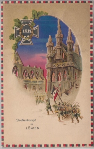 LP Belgien - Straßenkampf in Löwen farb. Halt-gegen-das-Licht-Karte 1916
