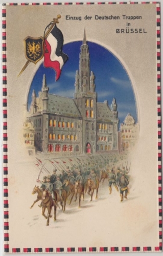 LP Belgien - Einzug dt. Truppen i. Brüssel farb. Halt-gegen-das-Licht-Karte 1916