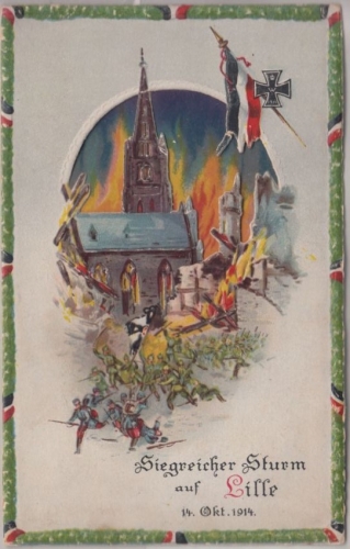 LP Belgien - Siegreicher Sturm auf Lille farb. Halt-gegen-das-Licht-Karte 1917