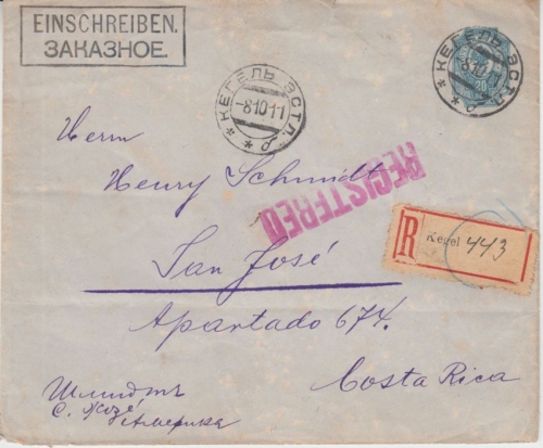 Russland/Estland - 20 Kop Ganzsache Einschreibebrief n. COSTA RICA Kegel 1911