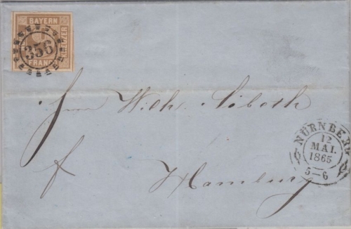 Bayern - 9 Kr. Quadrat braun oMR 356 Nürnberg Brief n. Hamburg 1865