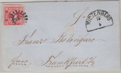 Bayern - 3 Kr. Quadrat rot gMR 315 Miltenberg Brief n. Frankfurt a/M. 1865