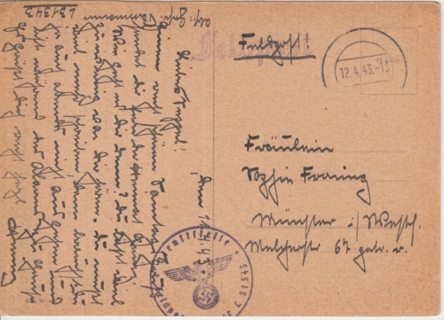DR - Feldpostkarte Fp.Nr. 31343 I.Grp. Jagdgeschw. 3 (Me 109) n. Münster 12.4.43